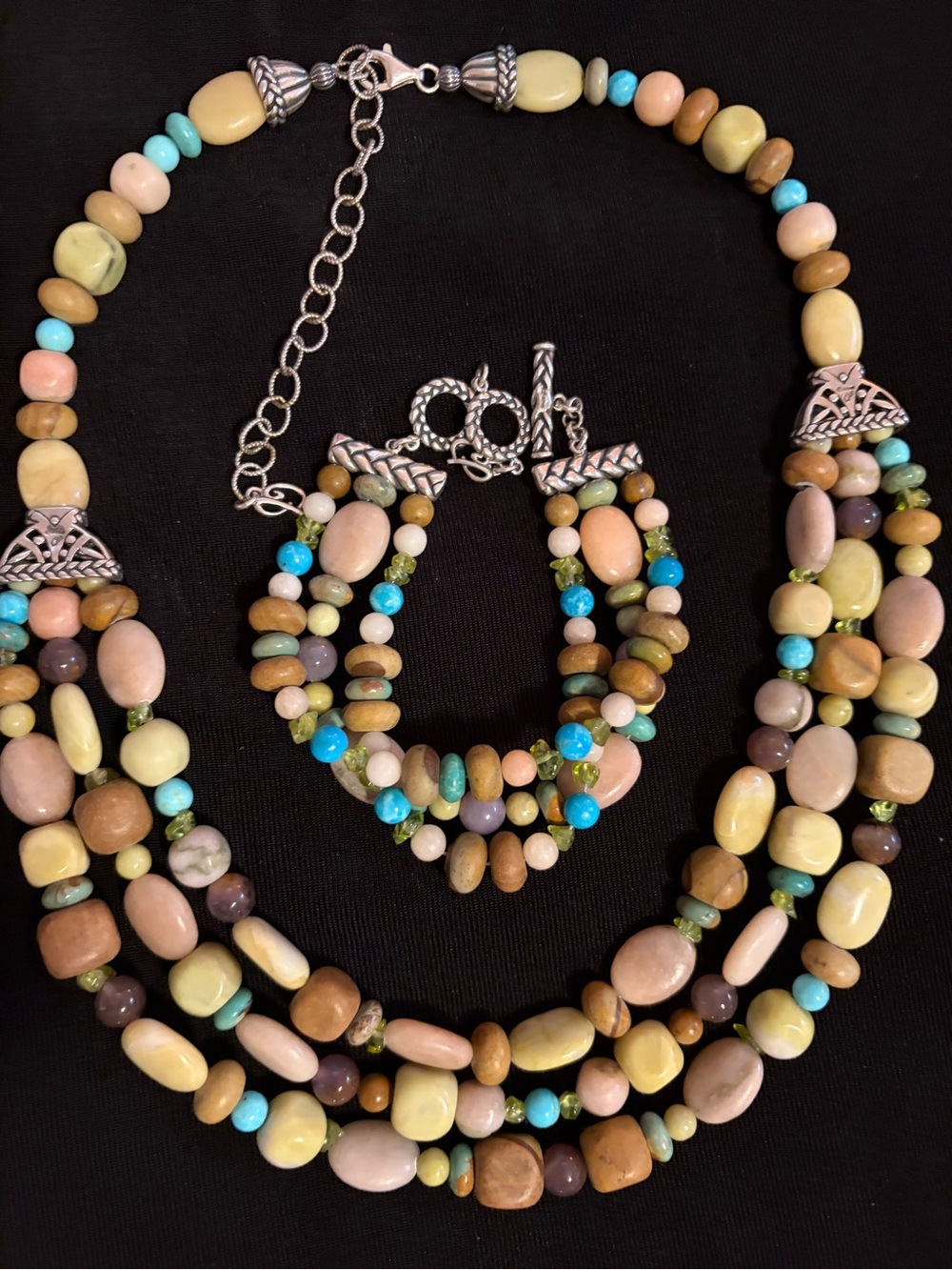 New 925 Carolyn Pollack Genuine Gemstone 3 Strand Necklace & Bracelet in Box - Picture 5 of 10